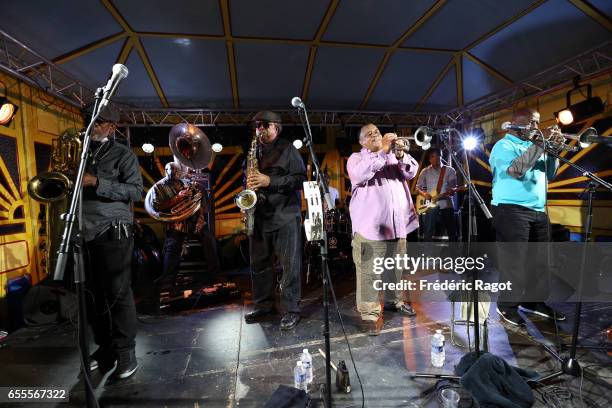 Roger Lewis, Kirk Joseph, Kevin Harris, Efrem Towns and Gregory Davis of the Dirty Dozen Brass Band perform at Maison Elsa Triolet-Aragon on March...