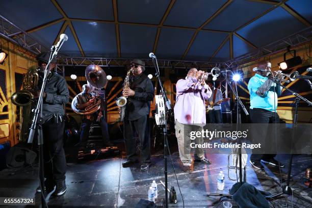 Roger Lewis, Kirk Joseph, Kevin Harris, Efrem Towns and Gregory Davis of the Dirty Dozen Brass Band perform at Maison Elsa Triolet-Aragon on March...