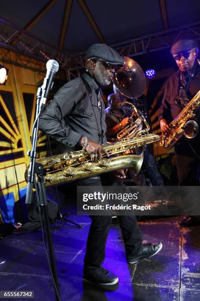 Roger Lewis of the Dirty Dozen Brass Band performs at Maison Elsa Triolet-Aragon on March 19, 2017 in Saint-Arnoult-en-Yvelines, France.