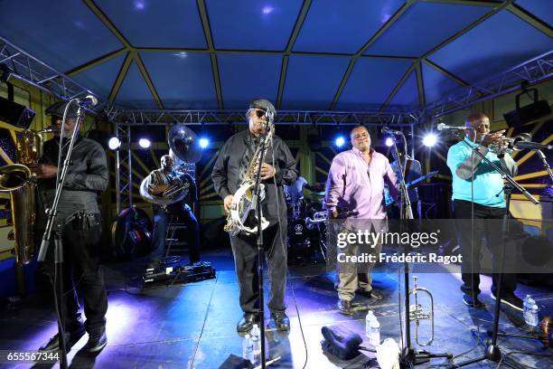 Roger Lewis, Kirk Joseph, Kevin Harris, Efrem Towns and Gregory Davis of the Dirty Dozen Brass Band perform at Maison Elsa Triolet-Aragon on March...