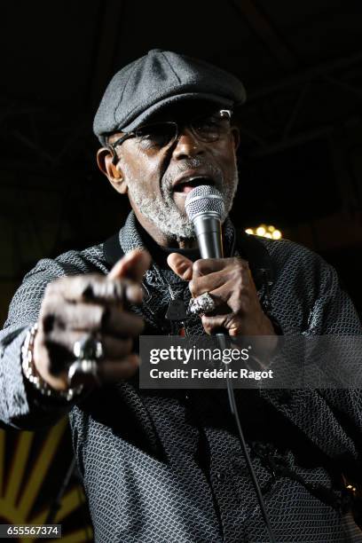 Roger Lewis of the Dirty Dozen Brass Band performs at Maison Elsa Triolet-Aragon on March 19, 2017 in Saint-Arnoult-en-Yvelines, France.