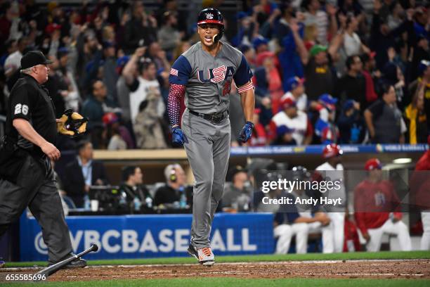 Giancarlo Stanton of Team USA reacts after hitting a two-run home run in the top of the fourth inning of Game 6 of Pool F of the 2017 World Baseball...