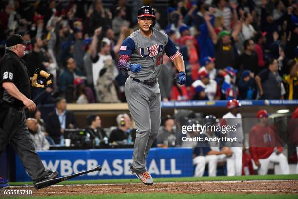 Giancarlo Stanton of Team USA reacts after hitting a two-run home run in the top of the fourth inning of Game 6 of Pool F of the 2017 World Baseball...