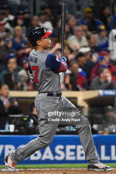 Giancarlo Stanton of Team USA hits a two-run home run in the top of the fourth inning of Game 6 of Pool F of the 2017 World Baseball Classic against...