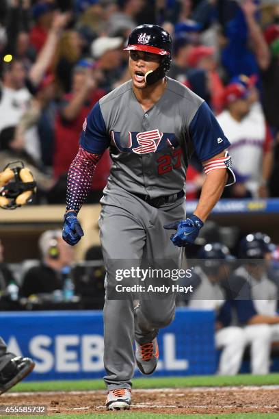 Giancarlo Stanton of Team USA reacts after hitting a two-run home run in the top of the fourth inning of Game 6 of Pool F of the 2017 World Baseball...