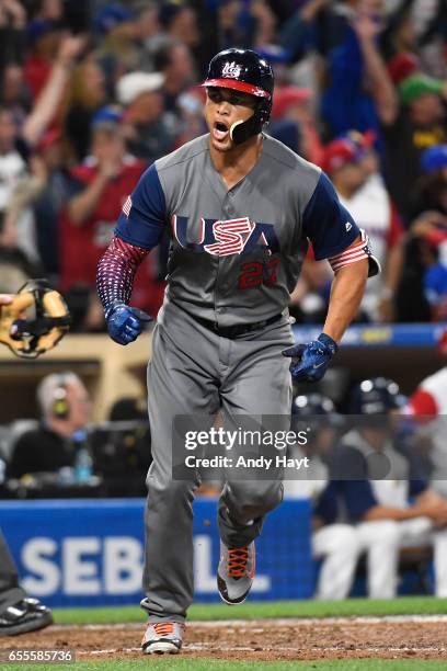 Giancarlo Stanton of Team USA reacts after hitting a two-run home run in the top of the fourth inning of Game 6 of Pool F of the 2017 World Baseball...