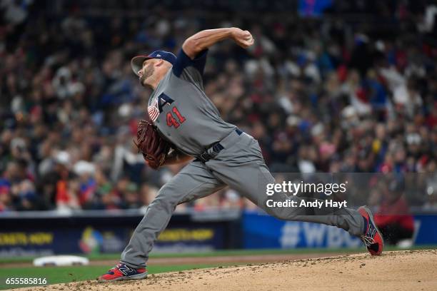 Danny Duffy of Team USA pitches during Game 6 of Pool F of the 2017 World Baseball Classic against Team Dominican Republic on Saturday, March 18,...