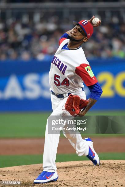 Ervin Santana of the Dominican Republic pitches during the first inning of the World Baseball Classic Pool F Game Six between the United States and...