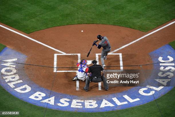 Christian Yelich of Team USA hits during Game 6 of Pool F of the 2017 World Baseball Classic against Team Dominican Republic on Saturday, March 18,...