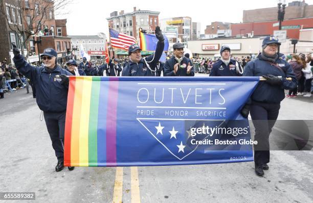 Members of OutVets march during the St. Patrick's Day Parade in Boston on Mar. 19, 2017.