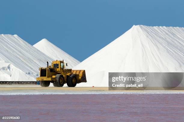 salt flat och mount och en bulldozer - saltäng bildbanksfoton och bilder