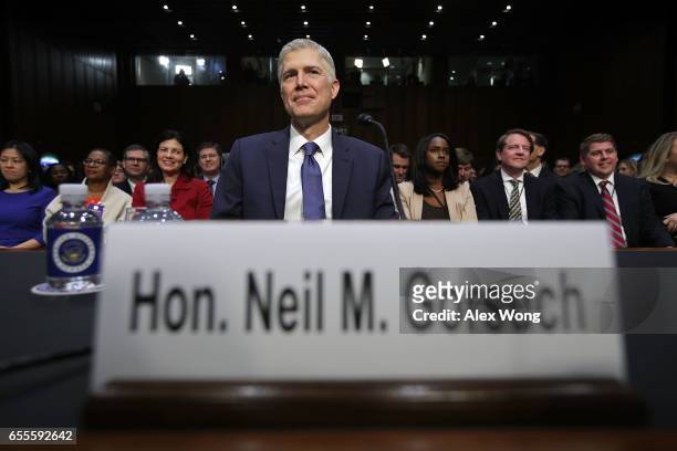 Judge Neil Gorsuch arrives for the first day of his Supreme Court confirmation hearing before the Senate Judiciary Committee in the Hart Senate...