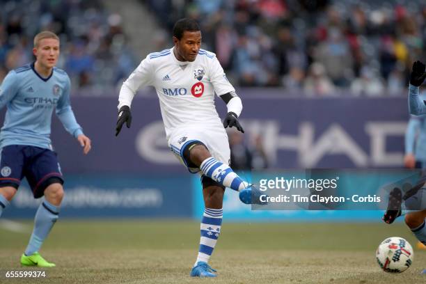 March 18: Patrice Bernier of Montreal Impact in action during the New York City FC Vs Montreal Impact regular season MLS game at Yankee Stadium on...