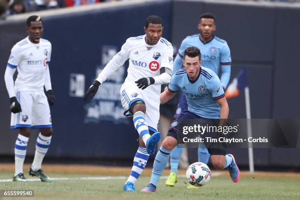 March 18: Patrice Bernier of Montreal Impact in action during the New York City FC Vs Montreal Impact regular season MLS game at Yankee Stadium on...