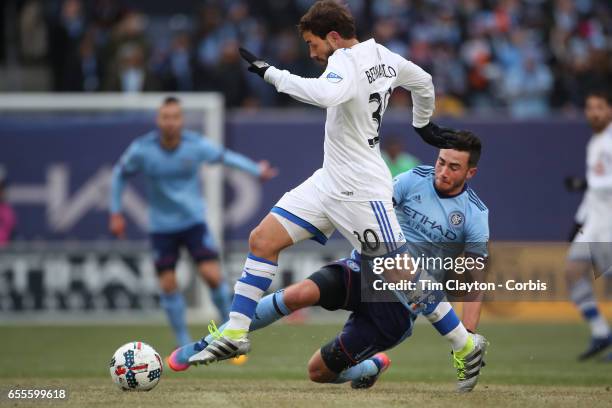 March 18: Hernan Bernardello of Montreal Impact is challenged by Jack Harrison of New York City FC during the New York City FC Vs Montreal Impact...