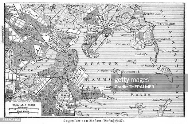 boston map 1895 - north atlantic ocean map stock illustrations