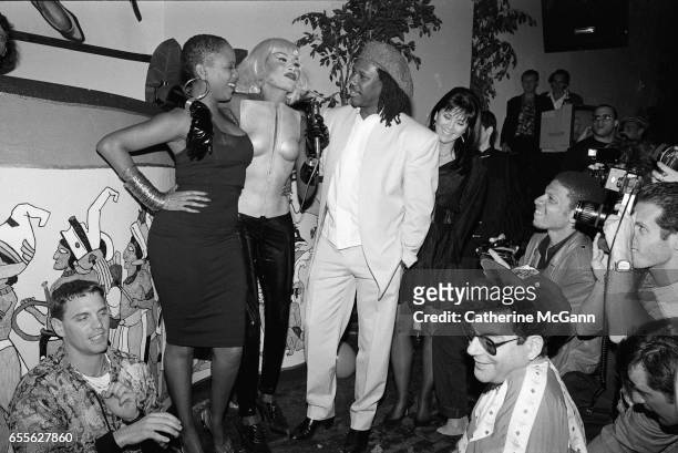 Grace Jones celebrates her birthday in May 1992 at the Palladium in New York City, New York. L-R: Toukie Smith, Grace Jones & Nile Rodgers. Michael...