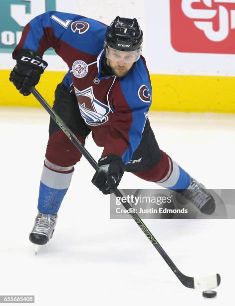 John Mitchell of the Colorado Avalanche plays in the game against the Anaheim Ducks at the Pepsi Center on March 9, 2016 in Denver, Colorado.