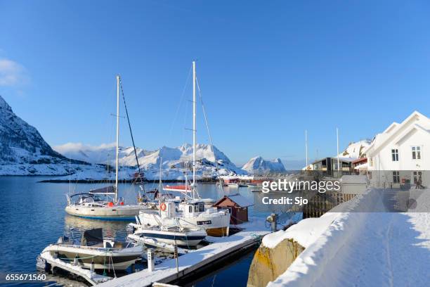 marina in a bay in northern norway on a winter day - hamn stock pictures, royalty-free photos & images