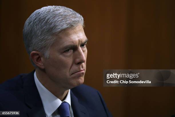Judge Neil Gorsuch listens to senators' opening statements during first day of his Supreme Court confirmation hearing before the Senate Judiciary...