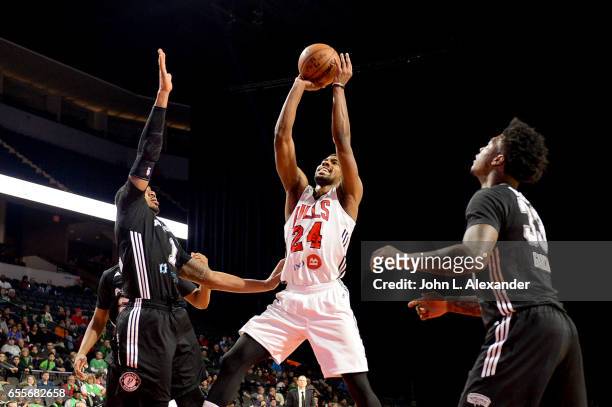Wesley Saunders of the Windy City Bulls shoots the ball against the Austin Spurs during a NBA D-League game on March 17, 2017 at the Sears Centre...