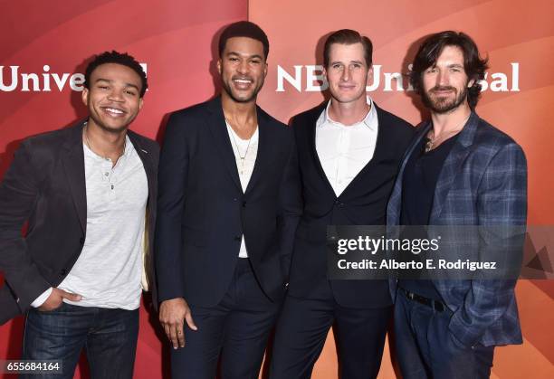 Actors Robert Bailey Jr., JR Lemon, Brendan Fehr, and Eoin Macken from the show "The Night Shift" attend the 2017 NBCUniversal Summer Press Day at...