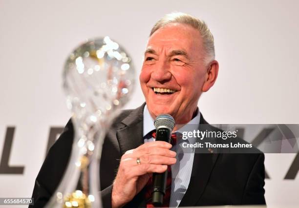 Bernd Schroeder, the former head coach of the women's team of 1.FFC Turbine Potsdam get the DFB coach lifetime award 2016 on March 20, 2017 in Neu...