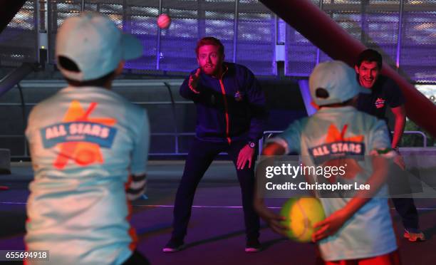 Jonny Bairstow plays cricket with pupils from Elmhurst Primary School during the ECB All Stars Cricket Event at the ArcelorMittal Orbit at Queen...