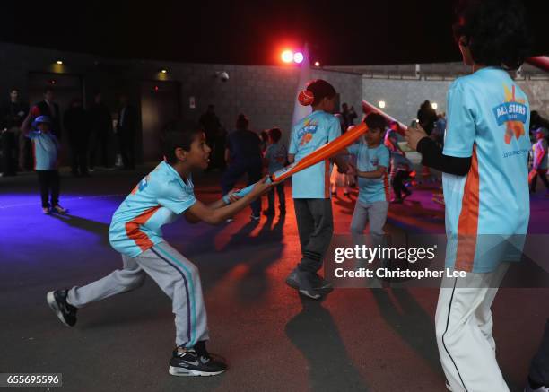 Pupils from Elmhurst Primary School play the All Stars cricket during the ECB All Stars Cricket Event at the ArcelorMittal Orbit at Queen Elizabeth...