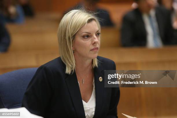 Prosecutor Michele Hanisee, Deputy District Attorney for the County of Los Angeles, speaks during a hearing for People v. Roman Polanski at Clara...