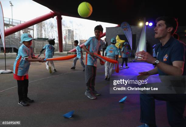 Pupils from Elmhurst Primary School play the All Stars cricket during the ECB All Stars Cricket Event at the ArcelorMittal Orbit at Queen Elizabeth...