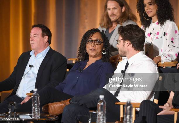 Actors Jason Lewis and Parisa Fitz-Henley executive producers David Janollari, Monica Breen and actor François Arnaud of "Midnight, Texas" speak...