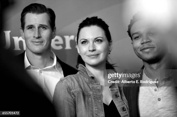 Actors Brendan Fehr, Jill Flint and Robert Bailey Jr. Of 'The Night Shift' attend the 2017 NBCUniversal Summer Press Day at The Beverly Hilton Hotel...