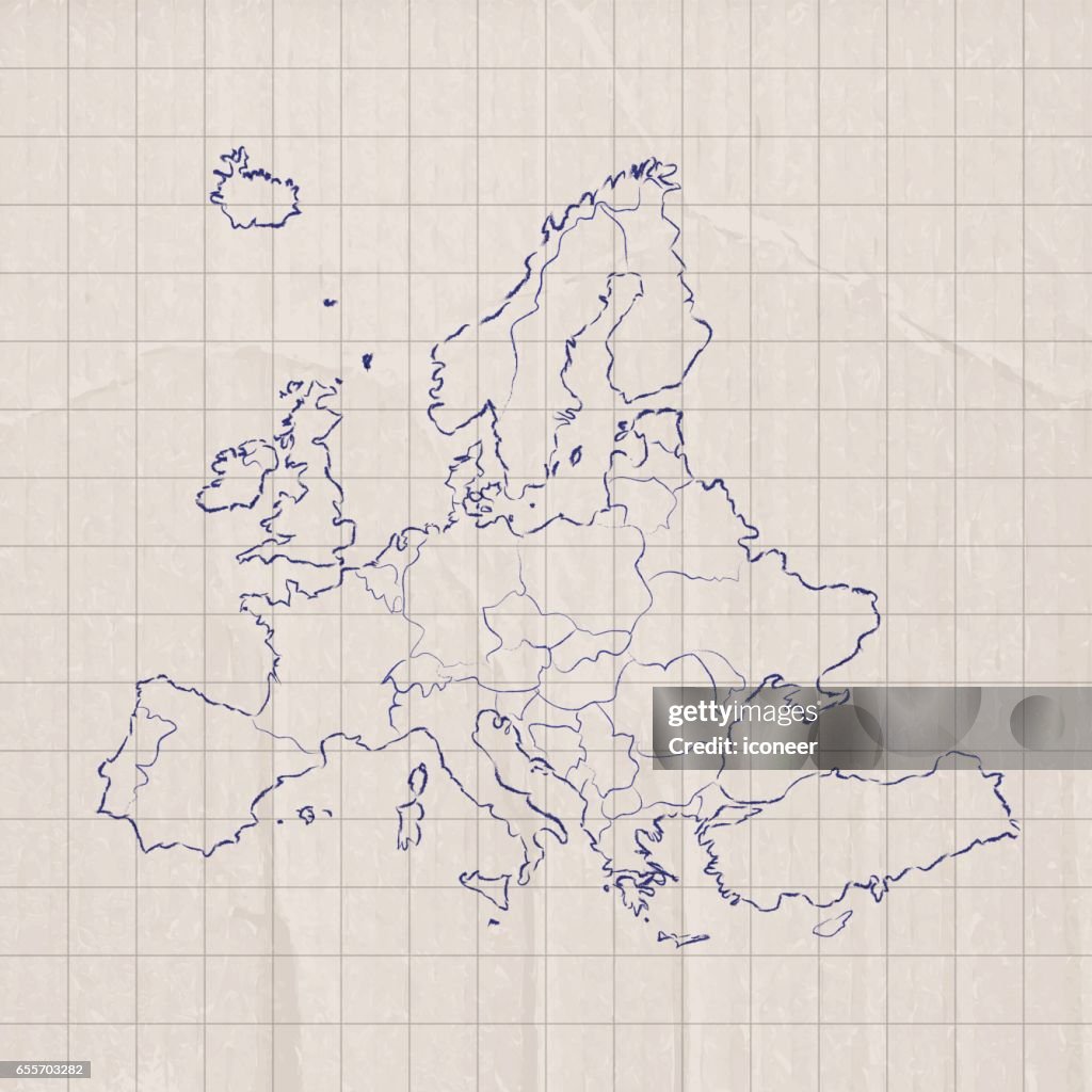 European Map Blue Simple Europe Blue Scribbled Map On Paper Cardboard Background High-Res Vector ...