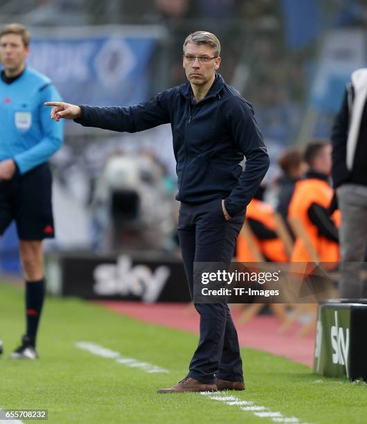 Head coach Peter Knaebel of Hamburg gestures during the Bundesliga match between Bayer 04 Leverkusen and Hamburger SV at BayArena on April 4, 2015 in...