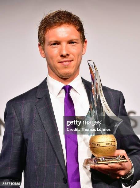 Julian Nagelsmann, the head coach of TSG 1899 Hoffenheim, gets the award 'Coach Of The Year 2016' on March 20, 2017 in Neu Isenburg, Germany.