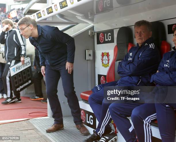 Head coach Peter Knaebel of Hamburg and Co-coach Peter Hermann of Hamburg looks on during the Bundesliga match between Bayer 04 Leverkusen and...