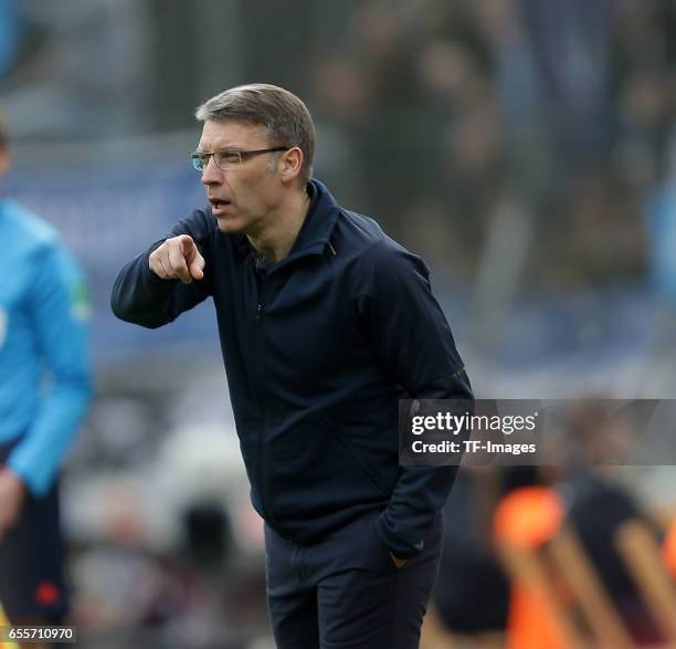 Head coach Peter Knaebel of Hamburg gestures during the Bundesliga match between Bayer 04 Leverkusen and Hamburger SV at BayArena on April 4, 2015 in...