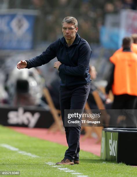 Head coach Peter Knaebel of Hamburg gestures during the Bundesliga match between Bayer 04 Leverkusen and Hamburger SV at BayArena on April 4, 2015 in...