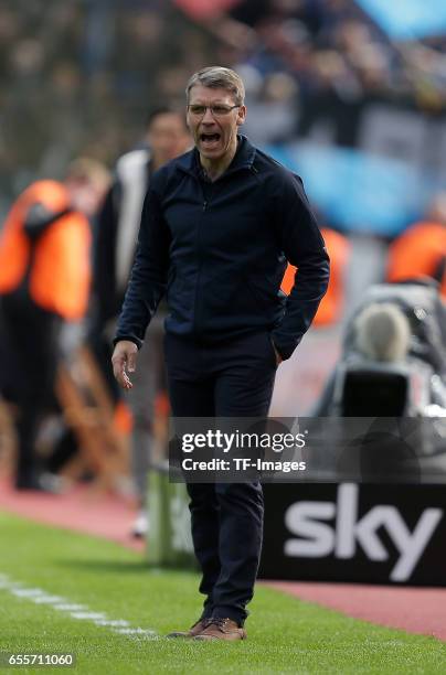 Head coach Peter Knaebel of Hamburg gestures during the Bundesliga match between Bayer 04 Leverkusen and Hamburger SV at BayArena on April 4, 2015 in...