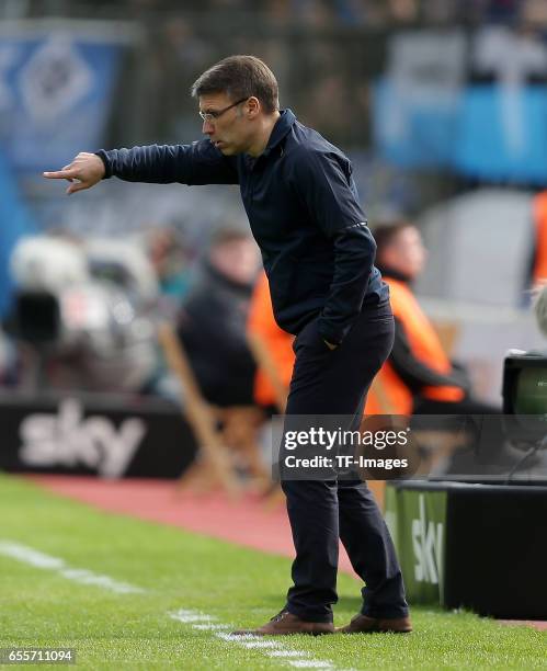 Head coach Peter Knaebel of Hamburg gestures during the Bundesliga match between Bayer 04 Leverkusen and Hamburger SV at BayArena on April 4, 2015 in...