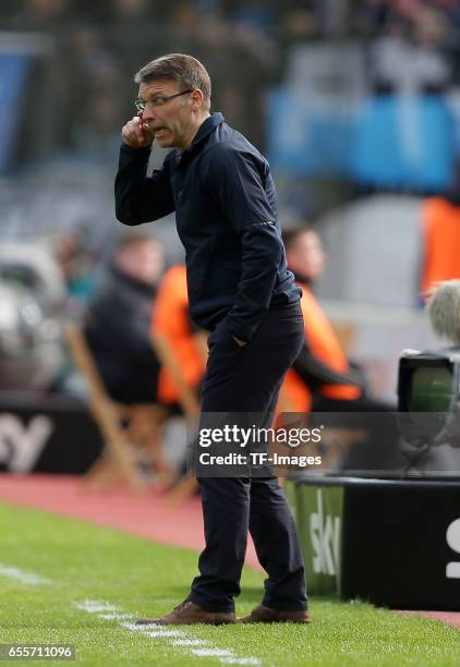 Head coach Peter Knaebel of Hamburg gestures during the Bundesliga match between Bayer 04 Leverkusen and Hamburger SV at BayArena on April 4, 2015 in...