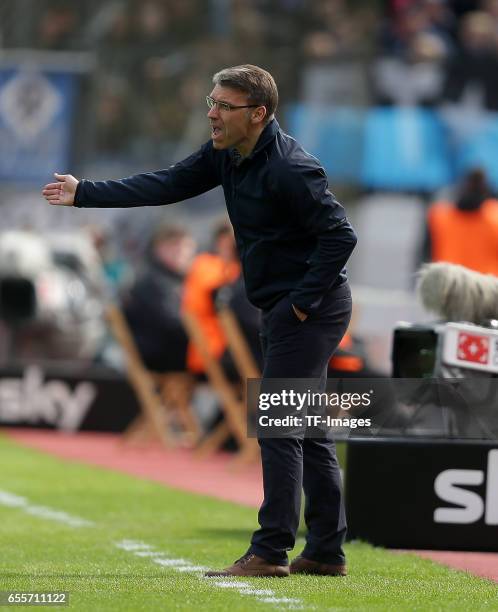 Head coach Peter Knaebel of Hamburg gestures during the Bundesliga match between Bayer 04 Leverkusen and Hamburger SV at BayArena on April 4, 2015 in...