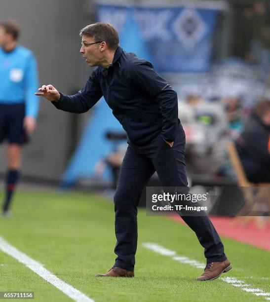Head coach Peter Knaebel of Hamburg gestures during the Bundesliga match between Bayer 04 Leverkusen and Hamburger SV at BayArena on April 4, 2015 in...