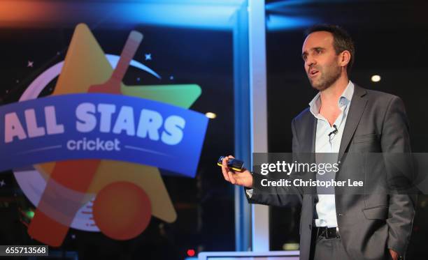 Matt Dwyer gives an introduction to All Star Cricket during the ECB All Stars Cricket Event at the ArcelorMittal Orbit at Queen Elizabeth Olympic...