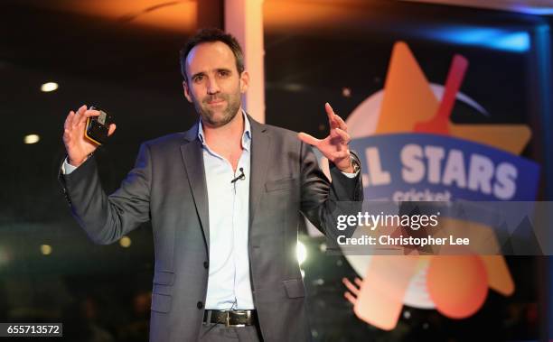 Matt Dwyer gives an introduction to All Star Cricket during the ECB All Stars Cricket Event at the ArcelorMittal Orbit at Queen Elizabeth Olympic...