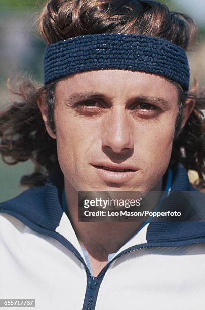 Argentine tennis player Guillermo Vilas pictured during competition at the 1975 British Hard Court Championships at the West Hants Club in...