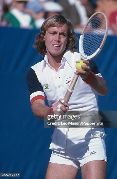 English tennis player John Lloyd pictured in action competing for the Great Britain team against the United States team during the final of the 1978...