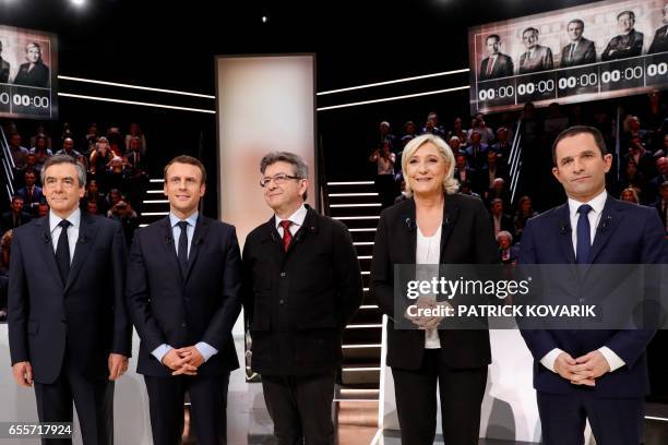 French presidential election candidates, right-wing Les Republicains party Francois Fillon, En Marche ! movement Emmanuel Macron, far-left coalition...