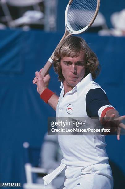 English tennis player John Lloyd pictured in action competing for the Great Britain team against the United States team during the final of the 1978...